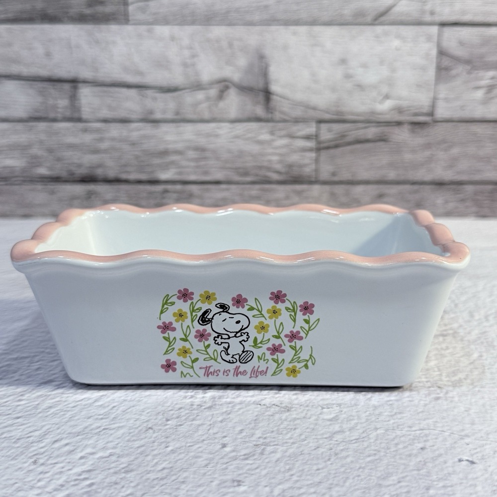 Peanuts Snoopy Mini Loaf Pan White Pink Scalloped Stoneware Baking Dish 6 Inch